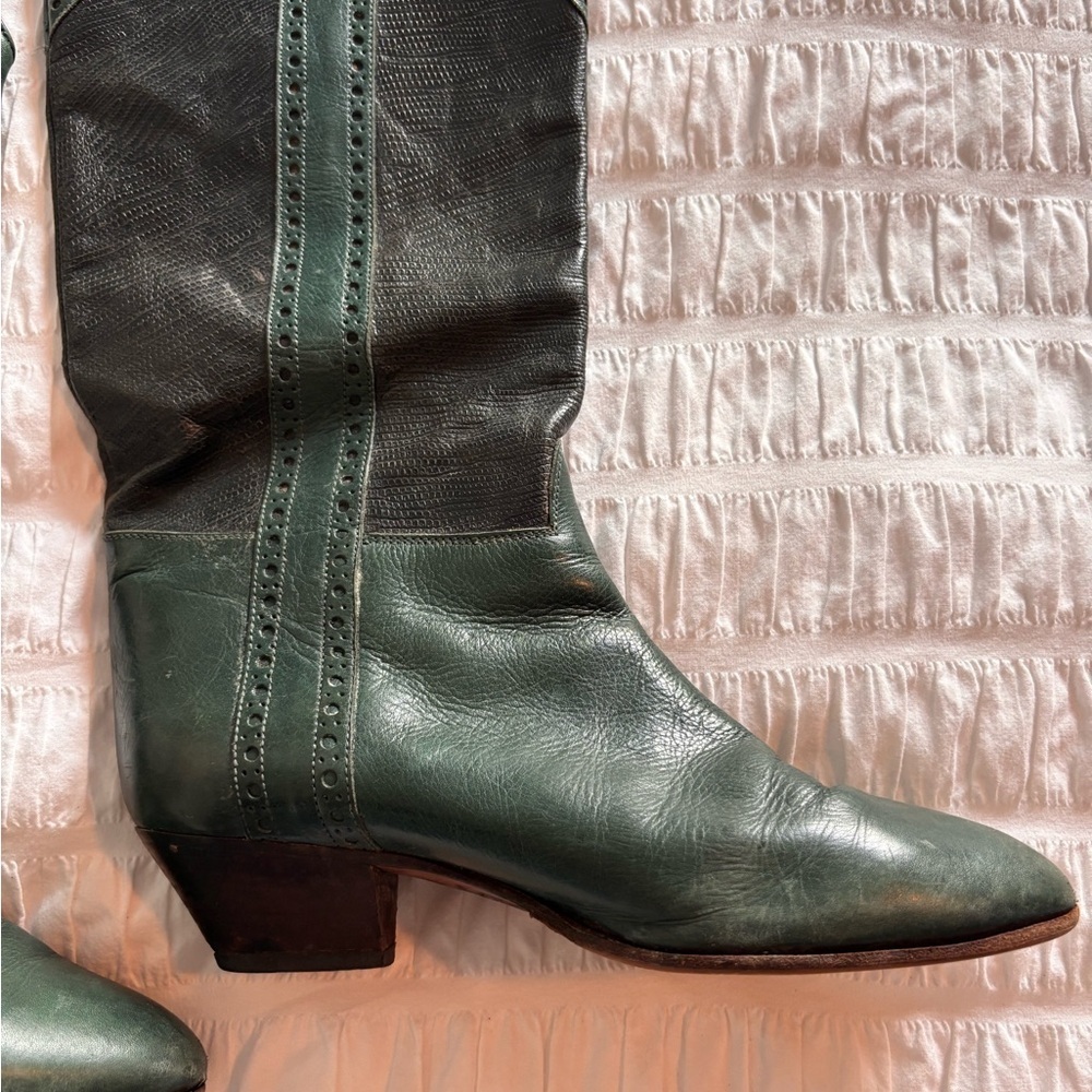 Vintage Green Leather Women's Tilbury23 Rue du Four Paris Cowboy Boots - Picture 2 of 8